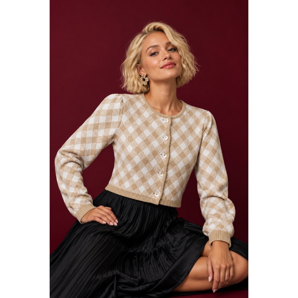 MABLE Anthropologie Tan White Argyle Cropped Cardigan Sweater Womens Size Large